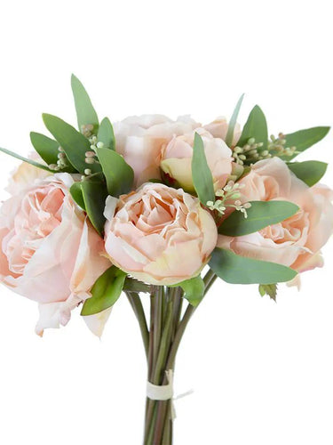 AmBest Fresh Touch Rose/Peony Bundle w/ Eucalyptus Bouquet Cream-Light Coral 12" - Uncategorized Silk