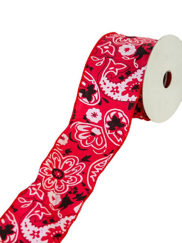 Ribbon AmBest red paisley wire-edge, 2-1/2in x 10yd on spool