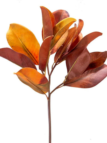 Silk fall magnolia leaf pick, brown/orange/green leaves, 20in stem, AmBest