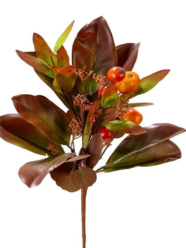 Silk Magnolia/Eucalyptus/Fruit Pick bouquet, 19 inches, AmBest, green burgundy orange accents