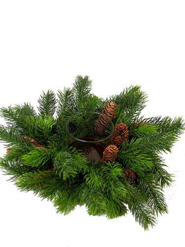 Cedar/Fir Silk candle ring in green with pinecones and a central glass holder