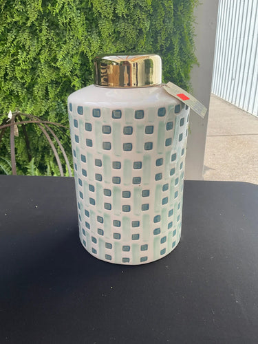 Sagebrook Ceramic Jar with Gold Lid Green/White 9" - Decorative Jars Merchandise