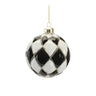 Glass Harlequin ornament by Melrose, black and white diamond pattern with gold glitter, gold cap and hanger
