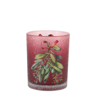 Glass Mistletoe Candle Holder in pink frosted finish with holly berry design.