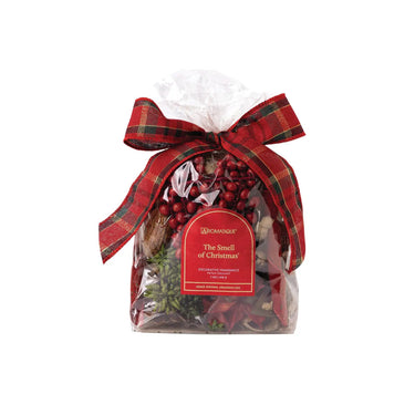 Smell of Christmas Potpourri Bag by Aromatique; clear bag with red plaid ribbon and visible berries.