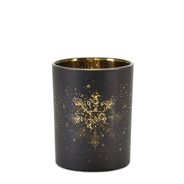 Melrose black glass snowflake candle holder with gold pattern