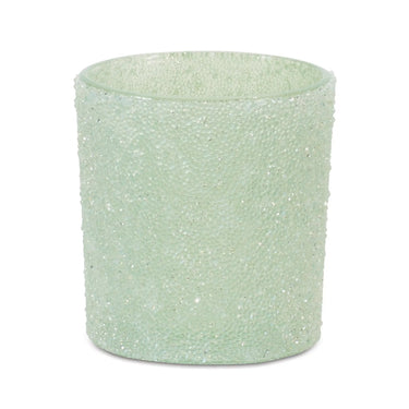 Glass frosted sage votive holder Melrose, 3 in diameter and 3.25 in high.