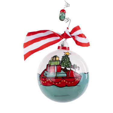 Glory Haus Boat & Presents Ornament, 6-inch holiday ornament with red boat, gifts, tree, and striped bow.