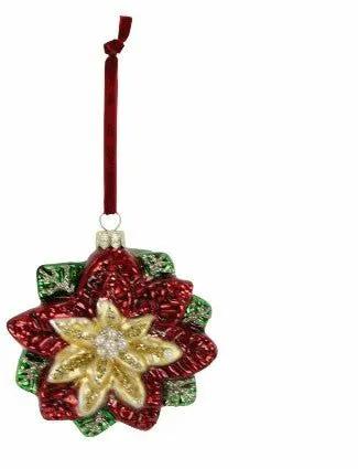 Direct Export Glass Jewel Poinsettia Ornament Red/Green/Gold 4" - Holiday Ornaments Merchandise