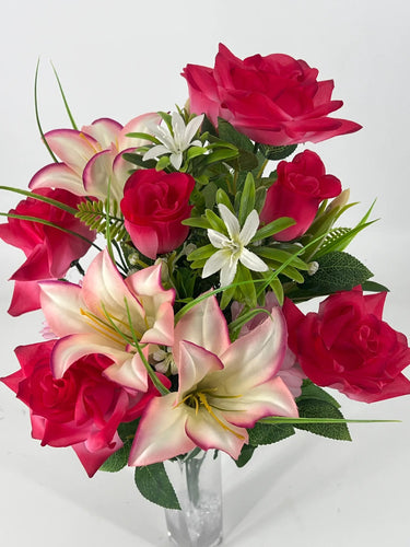 Fortune Rose/Zinnia/Lily Mixed Bush Pink 23” - Silk
