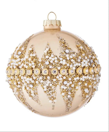 Gold beaded ornament by Raz, 4-inch holiday ornament with white pearls and gold glitter