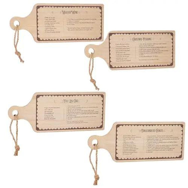 Raz Holiday Recipe Cutting Boards set of 4 assorted 17-inch wooden boards with recipe prints and twine hangers