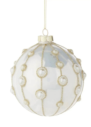 Pearl Embellished Ornament set of 2, 4 inch, white holiday ornament with gold glitter bead accents
