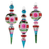 Striped vintage finial ornament trio by Raz, 8.5in glass with multicolor stripes and pink center accents
