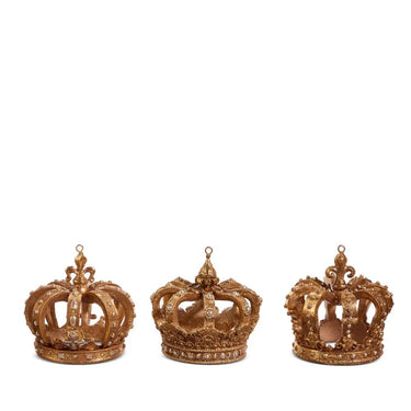 Gold Crown Ornament set of 3 by Raz, 3.5in tall, jeweled gold-tone decorations.
