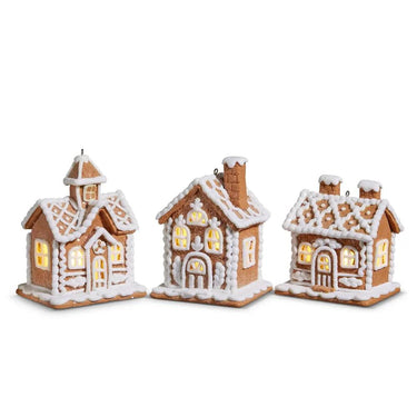 Raz lighted gingerbread house ornament set of 3, each 4.25 inches, warm glow from inside