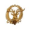 Gold deer head ornament with laurel wreath, Raz merchandise, 6-inch gold-tone holiday decor.