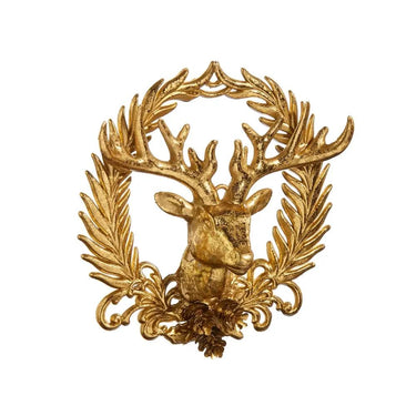 Gold deer head ornament with laurel wreath, Raz merchandise, 6-inch gold-tone holiday decor.