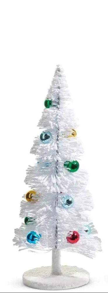 2-pack bottle brush Christmas trees with multicolor ornaments, white, 13-16 inches tall.