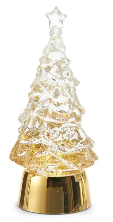 Lighted Glitter Water Tree 5-inch, two-piece set with star toppers and iridescent glass on gold and silver bases by Raz