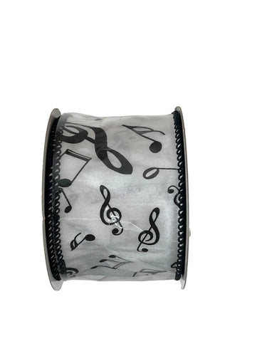 Reliant Musical Notes Dupioni Wired Edge Ribbon White/Black 2 1/2" x 10 Yds - Ribbons & Trim Ribbon
