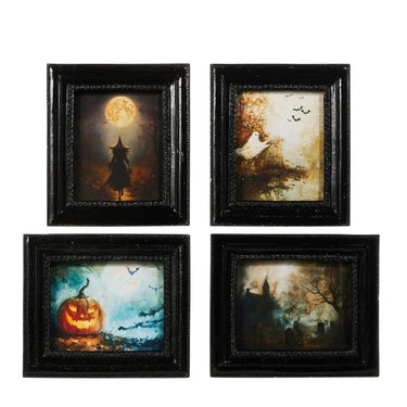 Spooky Nights mini gallery framed print set by Raz, four 6-inch Halloween art pieces in black frames