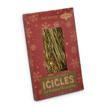 Box of gold tinsel strands 18.5 inches; Raz Imports packaging, 1000 pieces.