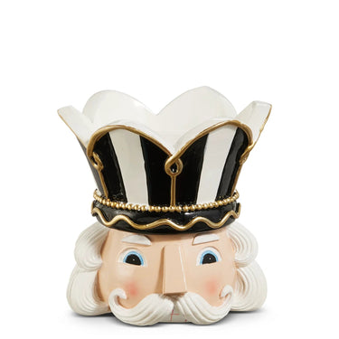 Nutcracker candle holder, ceramic, 4.5-inch, black-and-white crown with gold trim.