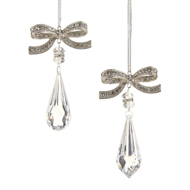 Jeweled bow ornament with crystal drop, Raz brand, silver-tone, 2-pack
