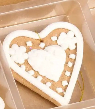 Raz Mini Gingerbread Ornament set, 6 assorted, 2-inch ornaments with white icing in a plastic tray