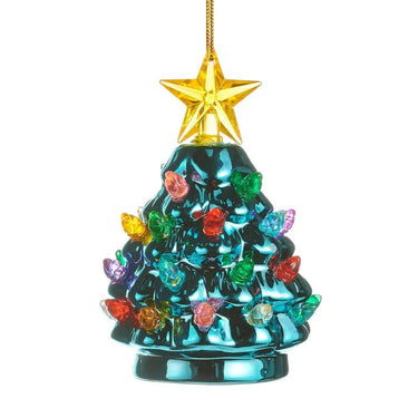 Metallic blue tree lit ornament, 4.5in, with multicolored lights and a gold star topper.