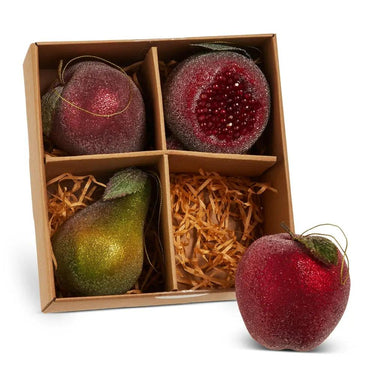 Box of Raz sugared fruit ornaments, 4.5-inch; four glittery red and pear-shaped pieces in a divided gift box.