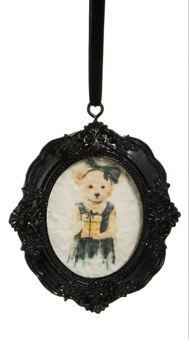 Beary Elegant Framed Ornament, black ornate oval frame with bear illustration, hangs by black ribbon, 6 inches