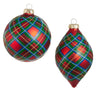 Plaid Ornament pair, 4–5 in; round ball and teardrop shapes in red-green-blue plaid with gold glitter and caps