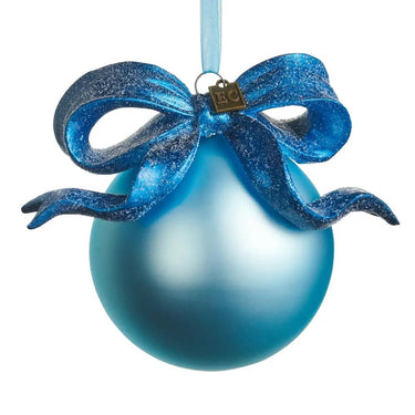 Blue Bow Ball Ornament 5.5 in by Raz, blue ornament with glittery ribbon bow