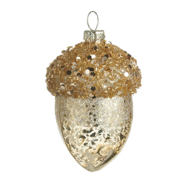 Gold glittered acorn ornament, 3.25 inches, Raz holiday merchandise with silver cap and hanging loop.