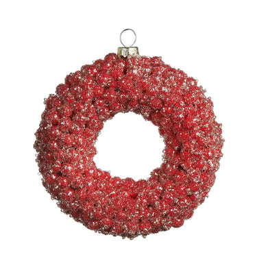Iced Red Berry Wreath Ornament, 4.5 in, beaded red wreath with silver cap and hanging loop