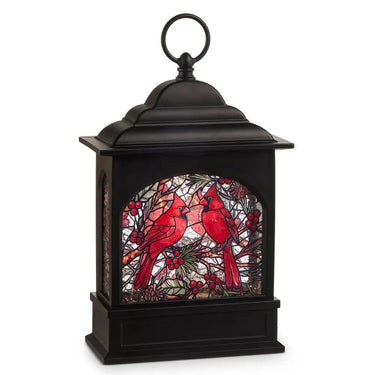 Raz Cardinal stained-glass lighted water lantern, black metal frame with red cardinal panels, 11-inch