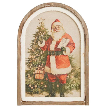 Checking It Twice Santa Wall Art 14 by 19.75 inches, rustic arched wooden frame with Santa beside a Christmas tree.