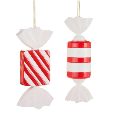 Candy ornament set by Raz, two large red-and-white holiday ornaments with white wrappers