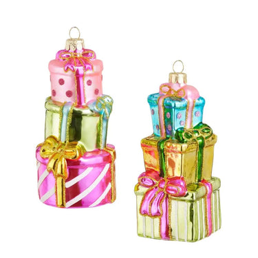 Stacked Packages Ornament pair by Raz, 4.5 in tall, shiny multicolor foil gift boxes with gold bows