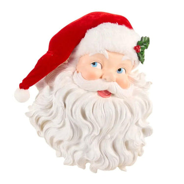 Jolly Santa Face Wall Art 18in by Raz, decorative Santa head with red hat, fluffy white beard, blue eyes, holly accent.