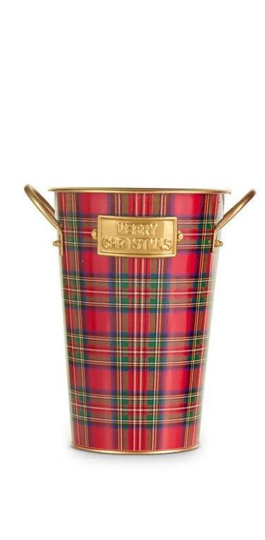Buckets in red plaid Christmas pattern, set of 2 with gold rims and handles, featuring Merry Christmas plaques