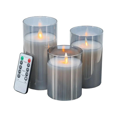 A&B Set of 3 Grey Real Flame-Effect LED Wax Candle 4", 5", 6" - Flameless Candles Candles/Fragrance