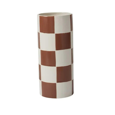 Brown checkerboard vase, 5x12 inches, ceramic.