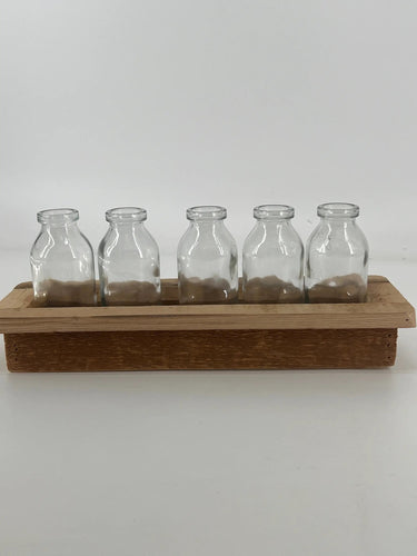 Kalalou Five Glass Bud Vases w/ Wood Base 12.5”L x 5”H - Uncategorized Merchandise