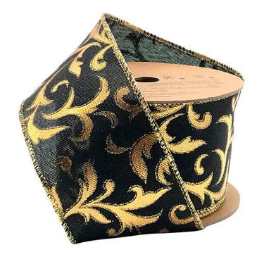 La Ribbons Wired Ribbon, Metallic Brocade Black/Gold 2.5" x 10Yd - Satin Ribbons Ribbon