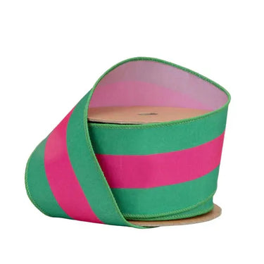 La Ribbons Striped Wired Dupioni Ribbon Hot Pink-Green 2.5"W x 10yd - Velvet Ribbons Ribbon