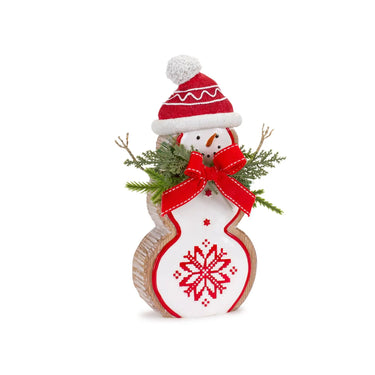 Melrose resin snowman figurine ornament with red hat and scarf, white pom-pom, greenery, and red bow