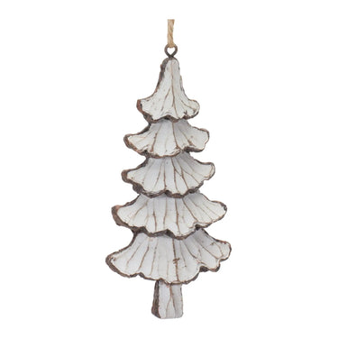 Resin brown-cream tree ornament with stacked scalloped discs and jute hanger